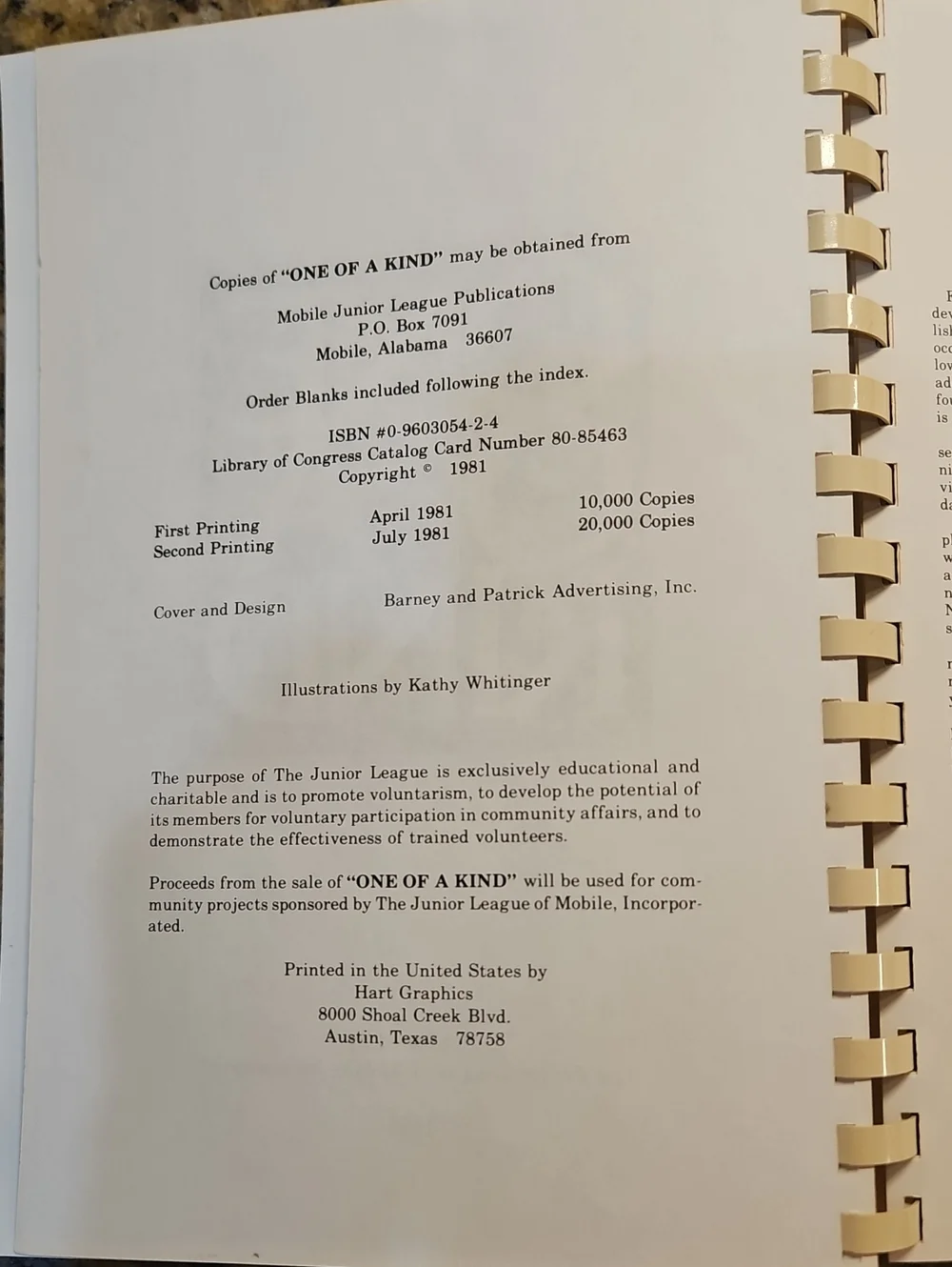 One of a Kind Cookbook Junior League Of Mobile Alabama 436 Pages 1981 Edition
